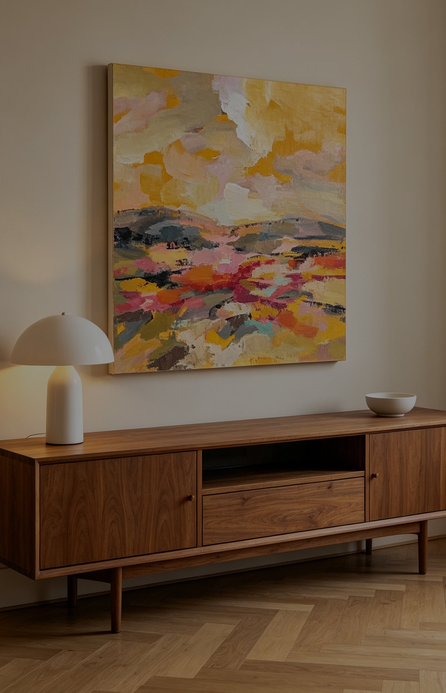 Colorful abstract art above a walnut console